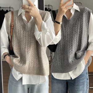 여성 꽈배기 패턴 브이넥 조끼